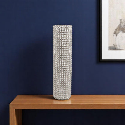 25" Clear And Silver Faux Crystal And Metal Table Vase