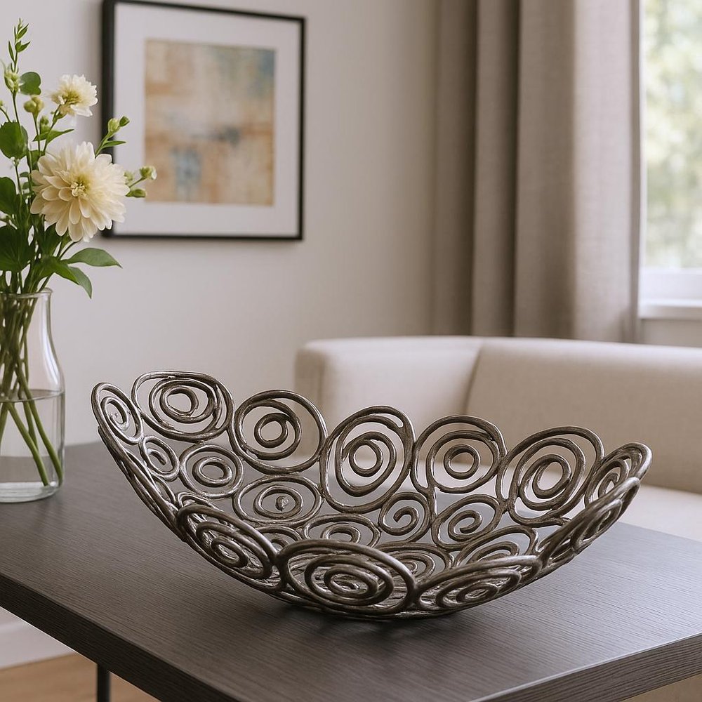 16" Gold Aluminum Abstract Circles Oval Decorative Bowl