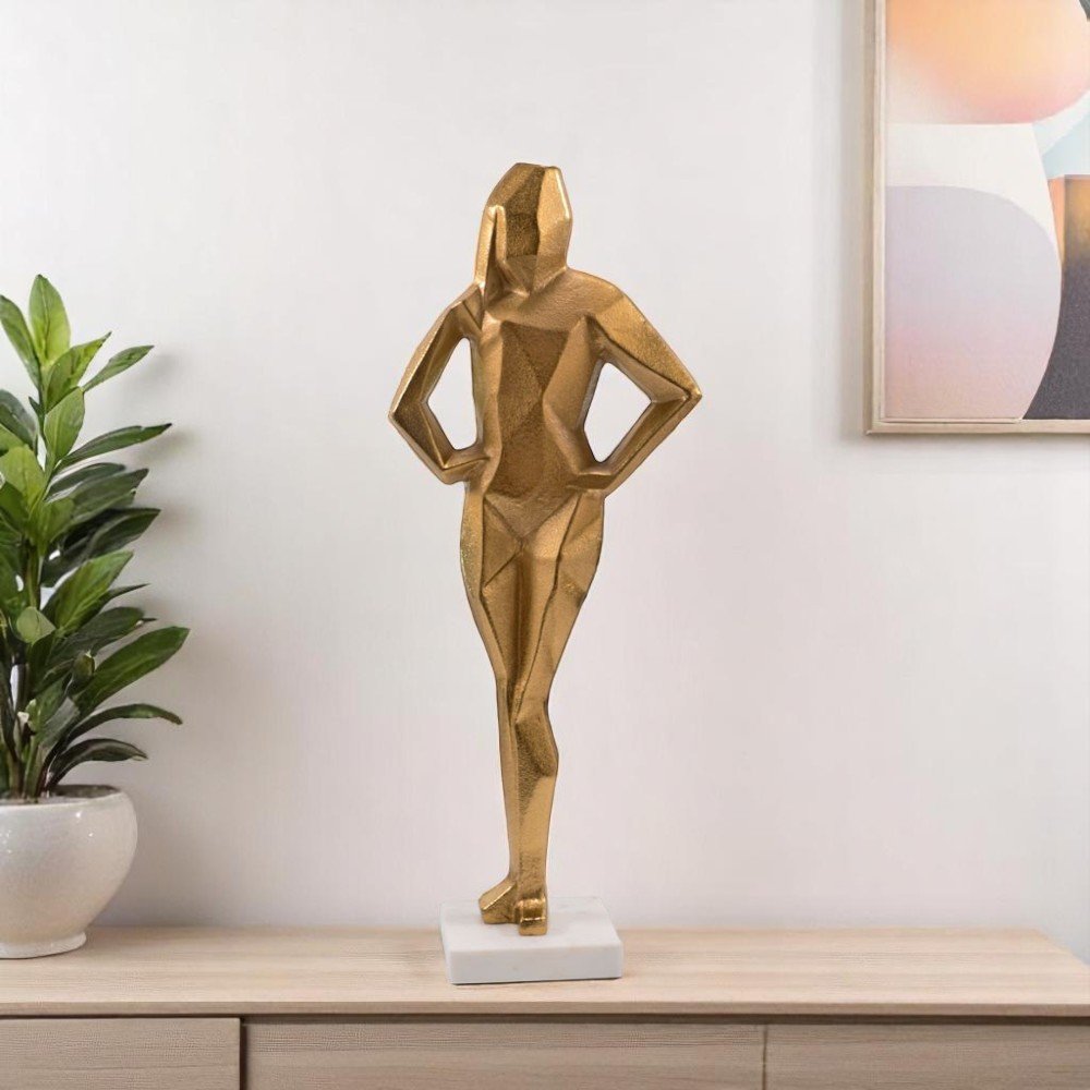 24" Gold And White Aluminum And Marble Woman Tabletop Sculpture