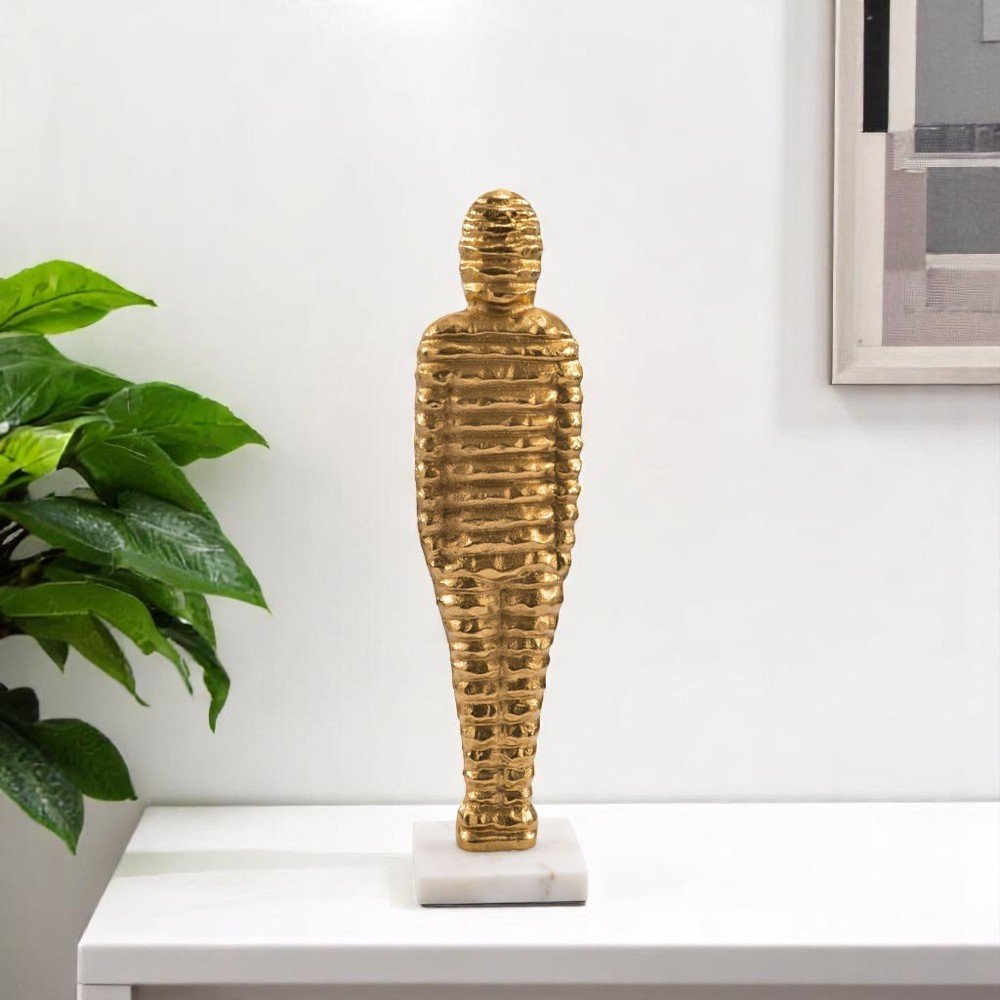21" Gold And White Aluminum And Marble Mummy Tabletop Sculpture