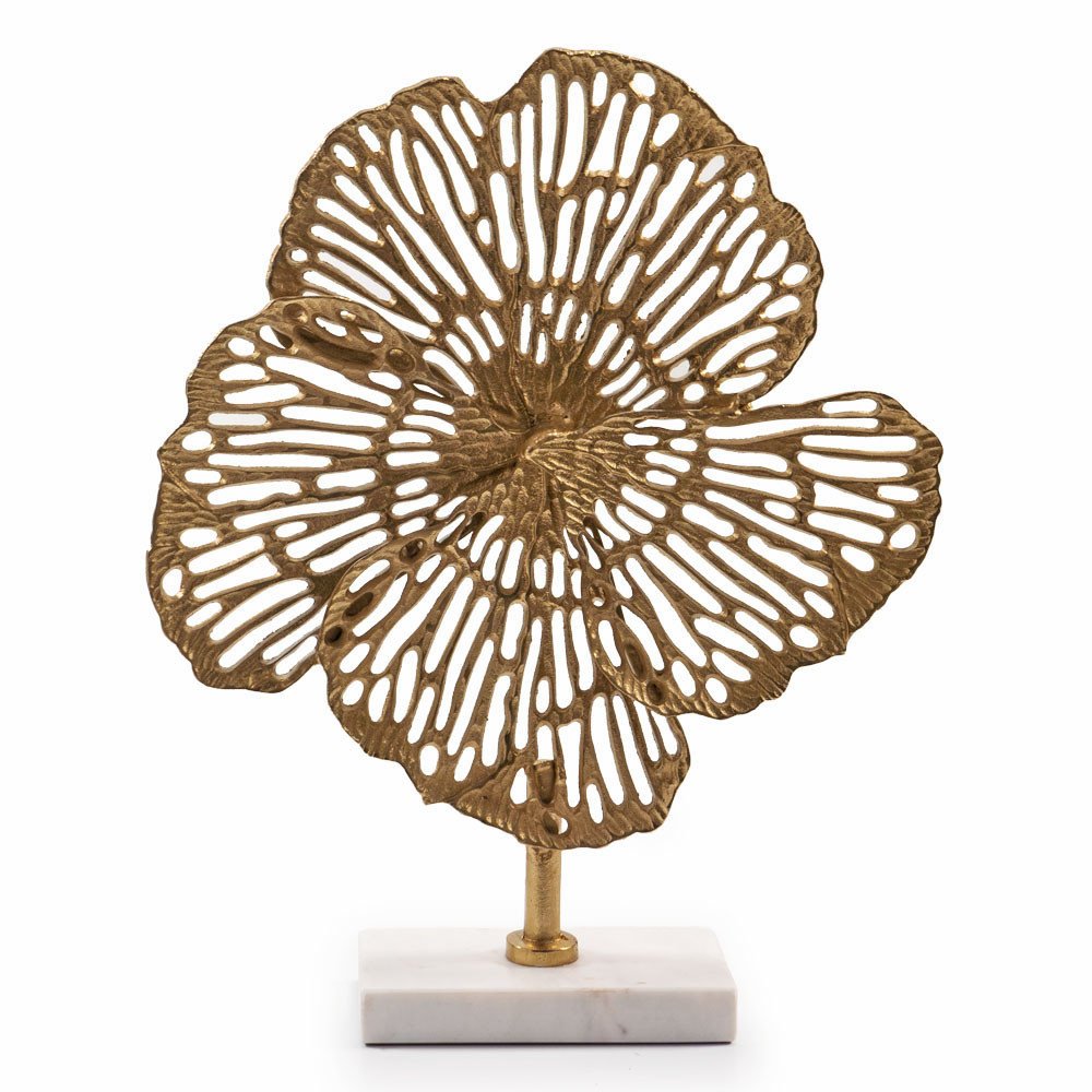 18" Antiqued Gold And White Aluminum And Marble Flowers Abstract Tabletop Sculpture