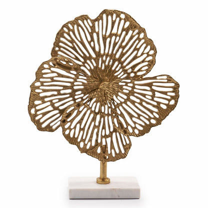 18" Antiqued Gold And White Aluminum And Marble Flowers Abstract Tabletop Sculpture