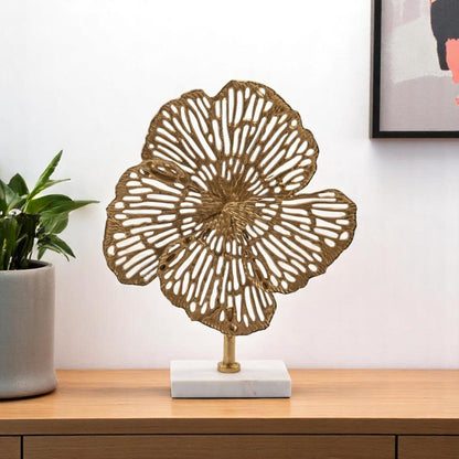18" Antiqued Gold And White Aluminum And Marble Flowers Abstract Tabletop Sculpture