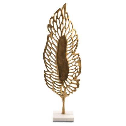 28" Gold And White Aluminum And Marble Leaf Tabletop Sculpture