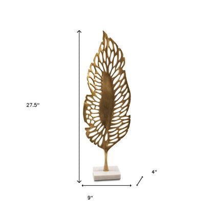28" Gold And White Aluminum And Marble Leaf Tabletop Sculpture