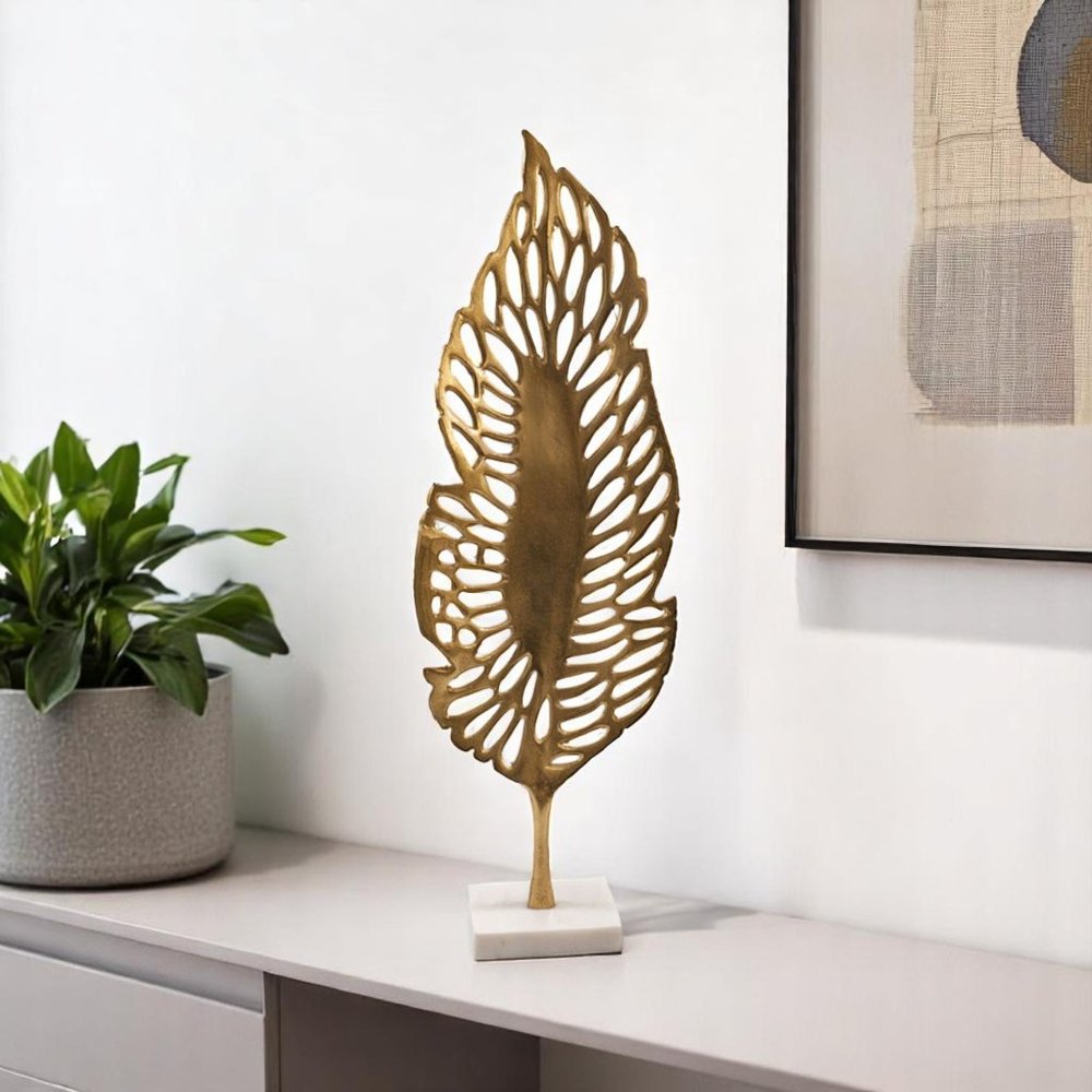 28" Gold And White Aluminum And Marble Leaf Tabletop Sculpture
