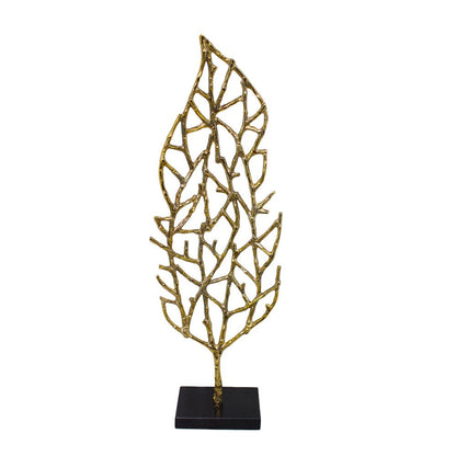 26" Gold And Black Aluminum And Marble Leaf Tabletop Sculpture
