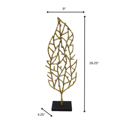 26" Gold And Black Aluminum And Marble Leaf Tabletop Sculpture