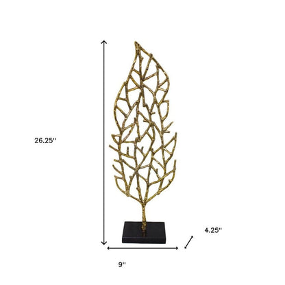 26" Gold And Black Aluminum And Marble Leaf Tabletop Sculpture