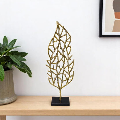 26" Gold And Black Aluminum And Marble Leaf Tabletop Sculpture