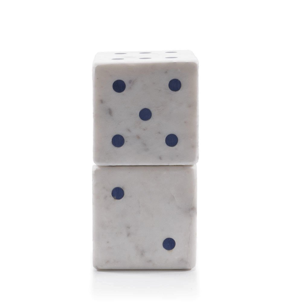 Set of Two White Marble Hand Painted Dice Tabletop Sculpture
