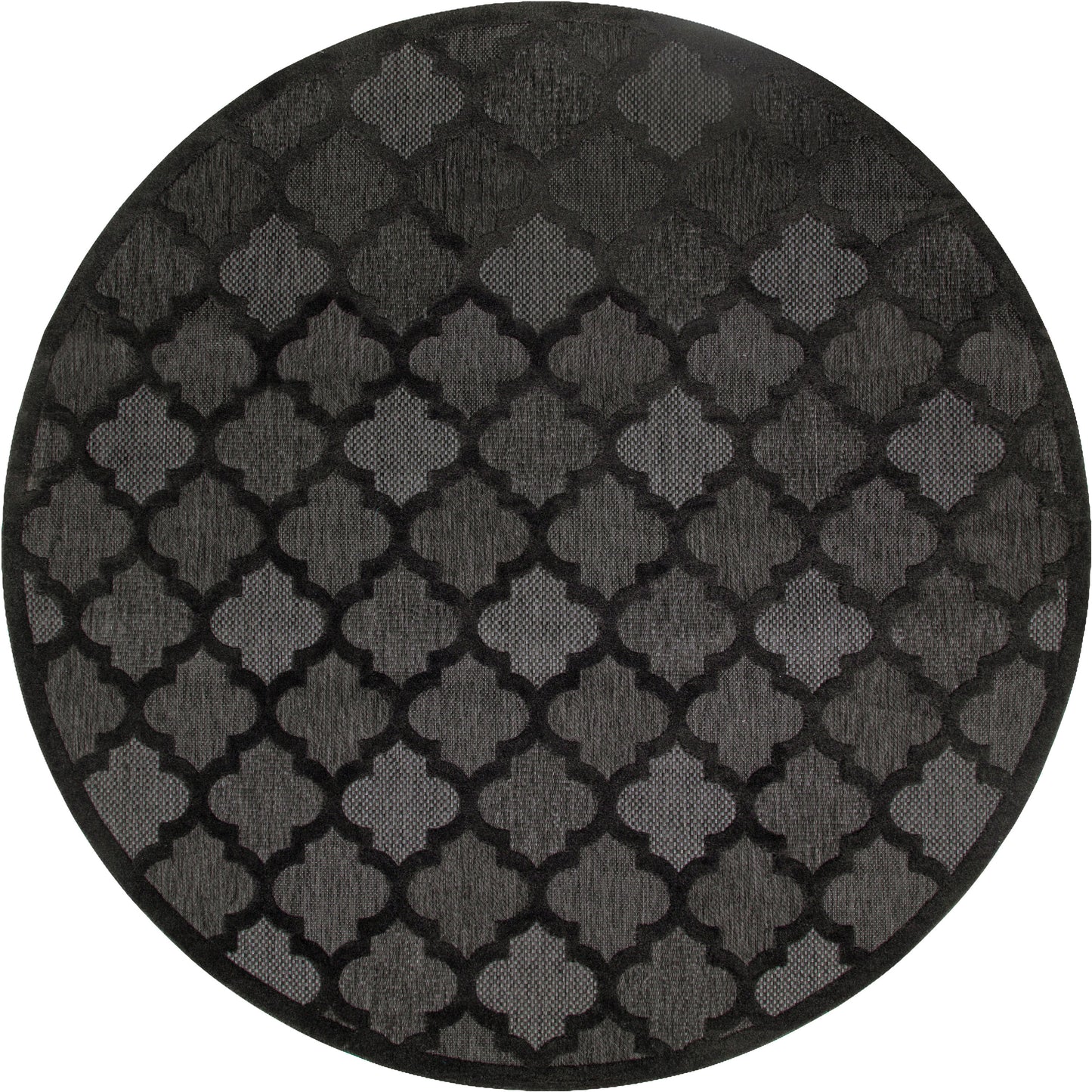 Round black rug with a gray quatrefoil lattice pattern, textured fabric for decorative floor.