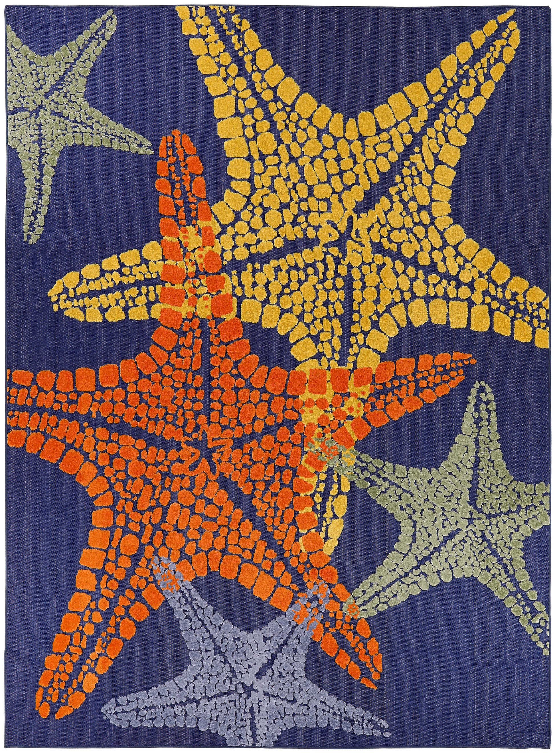 Navy woven rug with bright mosaic starfish in orange, yellow, gray & teal; coastal decor.