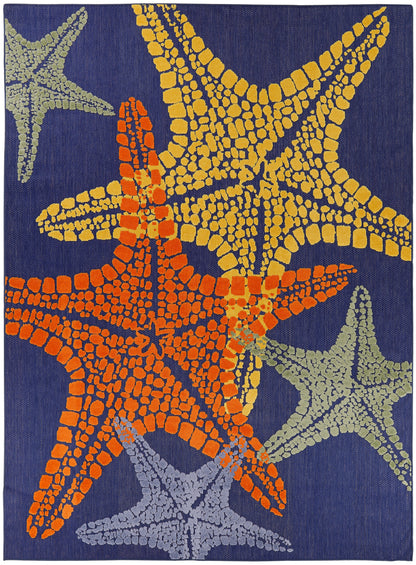 Navy woven rug with bright mosaic starfish in orange, yellow, gray & teal; coastal decor.