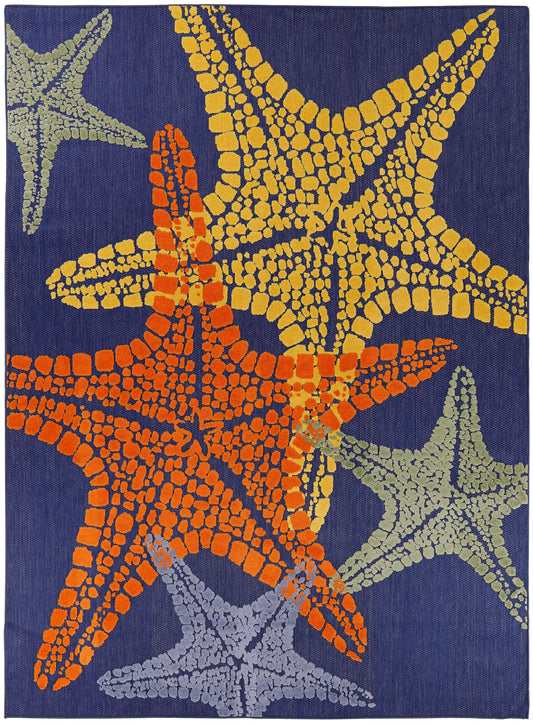 Navy woven rug with bright mosaic starfish in orange, yellow, gray & teal; coastal decor.