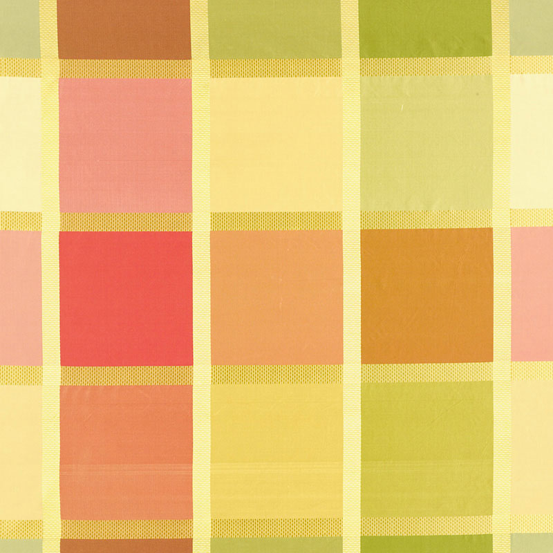 Pastel plaid fabric with yellow gridlines and warm pink, orange, and sage green squares.