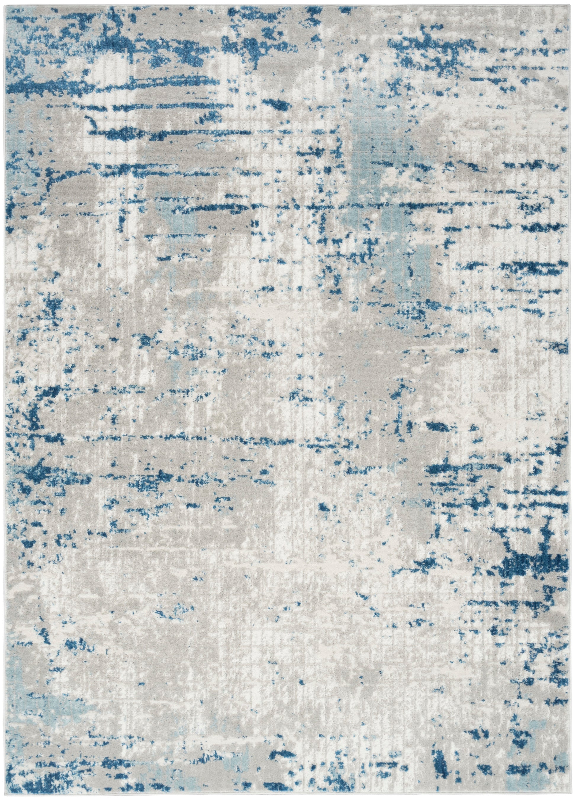 Abstract distressed blue pattern on cream rectangular area rug; modern contemporary design.