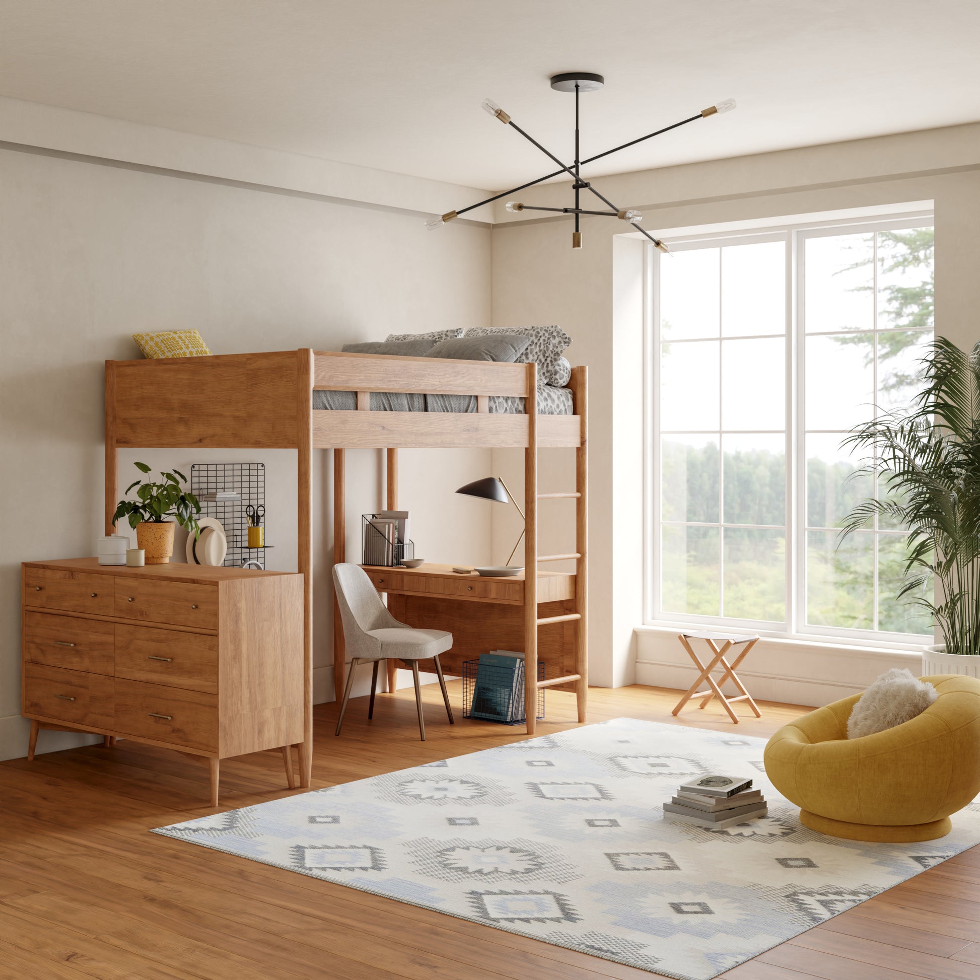 Light wood bunk bed with integrated desk, dresser, white chair, gray lamp, pale geometric rug, yellow chair, large window.