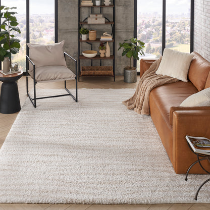 Cozy industrial living room with a beige shag rug (8' x 10'), tan leather sofa, metal-framed chair, wooden shelves, plants & city view.