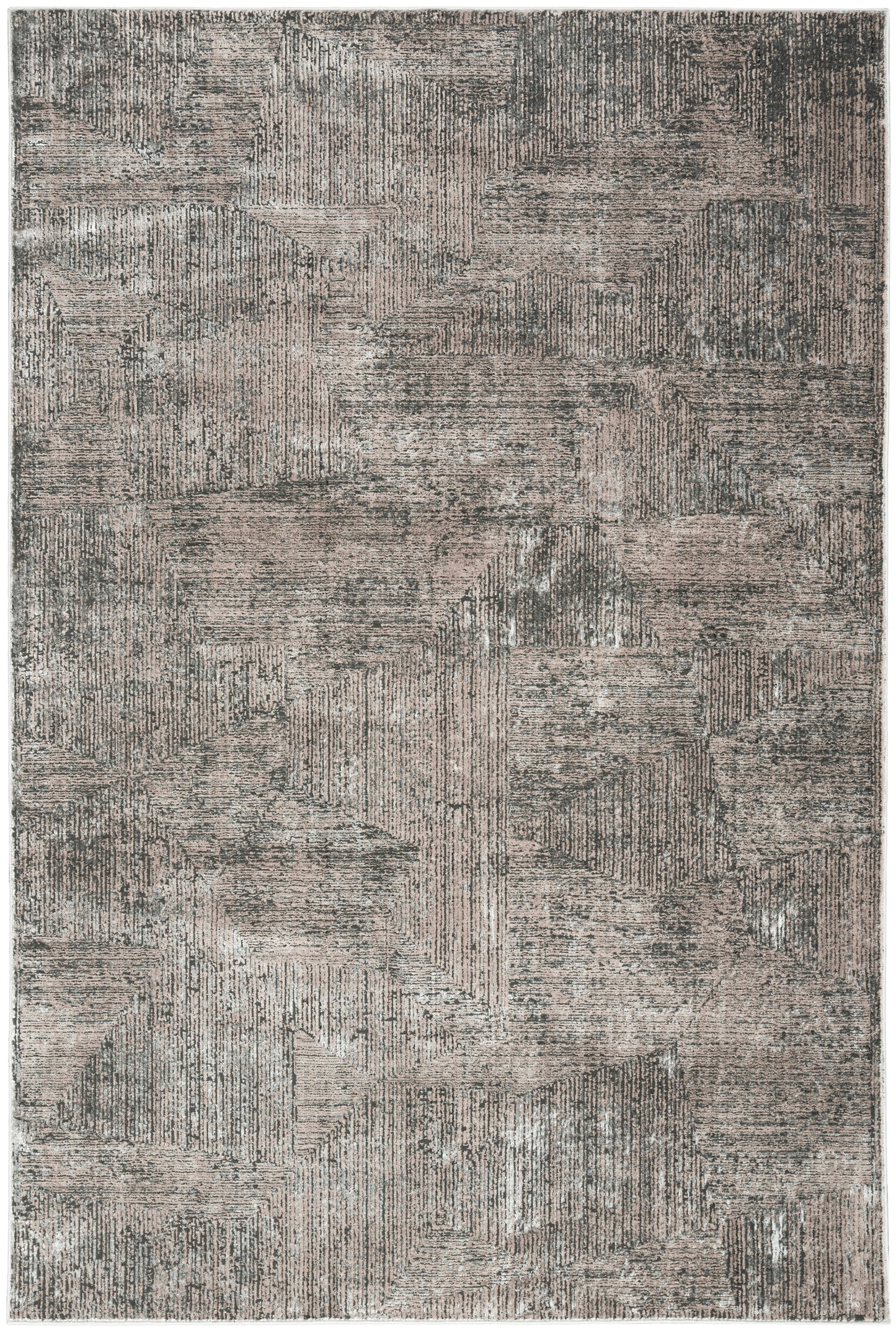 Rectangular area rug with abstract geometric patchwork in taupe and gray tones, distressed textured surface.