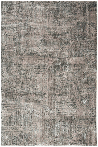 Rectangular area rug with abstract geometric patchwork in taupe and gray tones, distressed textured surface.