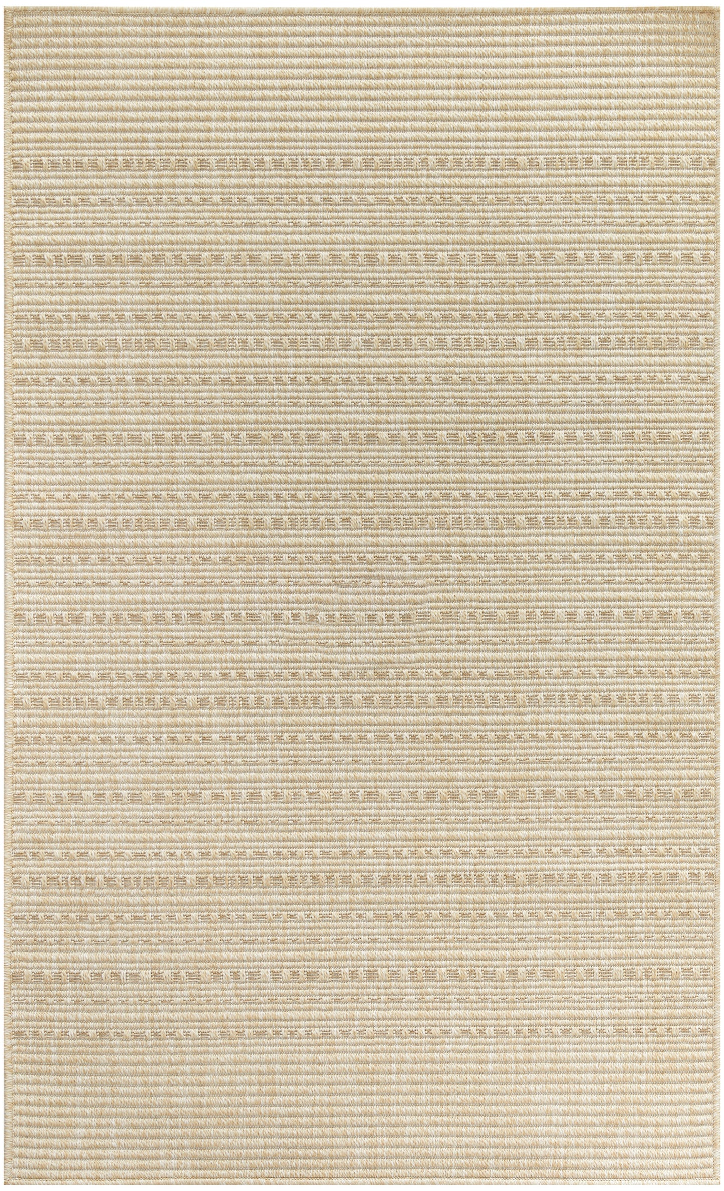 Beige rectangular woven rug with subtle horizontal stripes and textured weave.