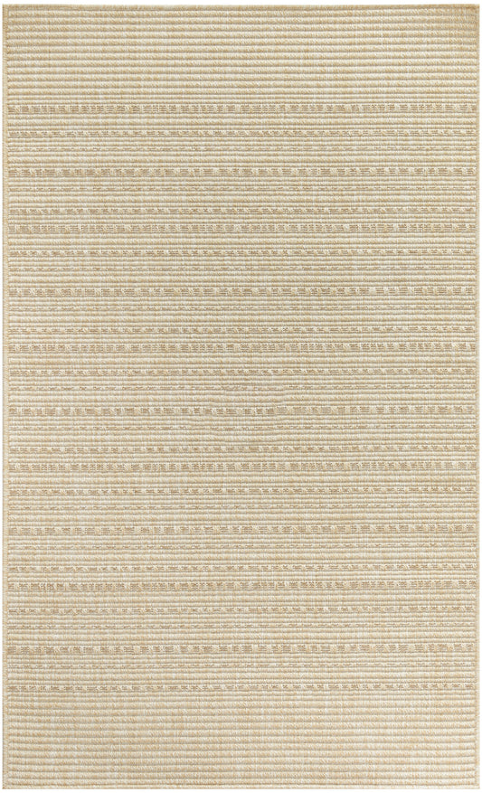 Beige rectangular woven rug with subtle horizontal stripes and textured weave.