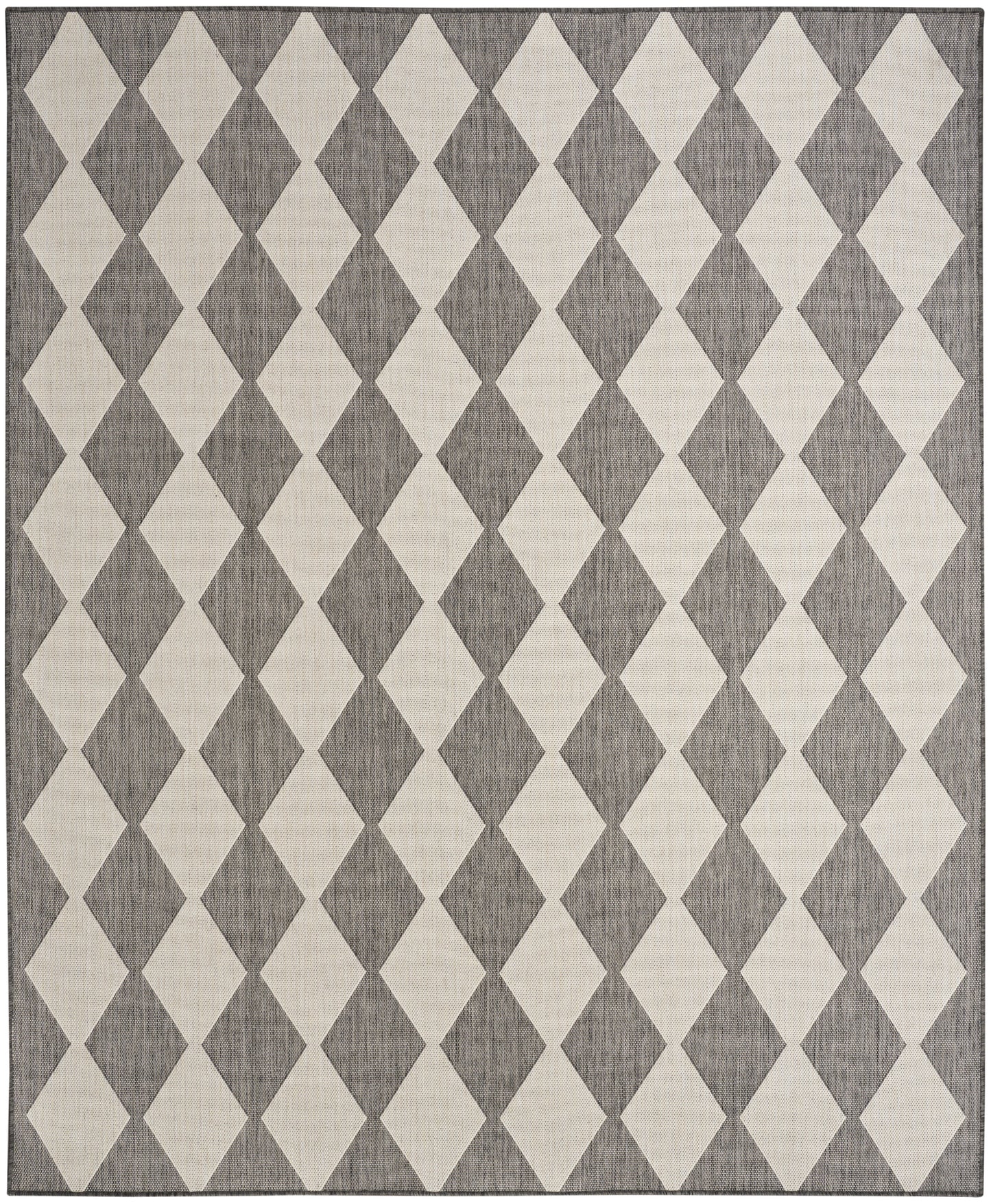 Rectangular rug with a repeating ivory and charcoal diamond motif on a gray field.