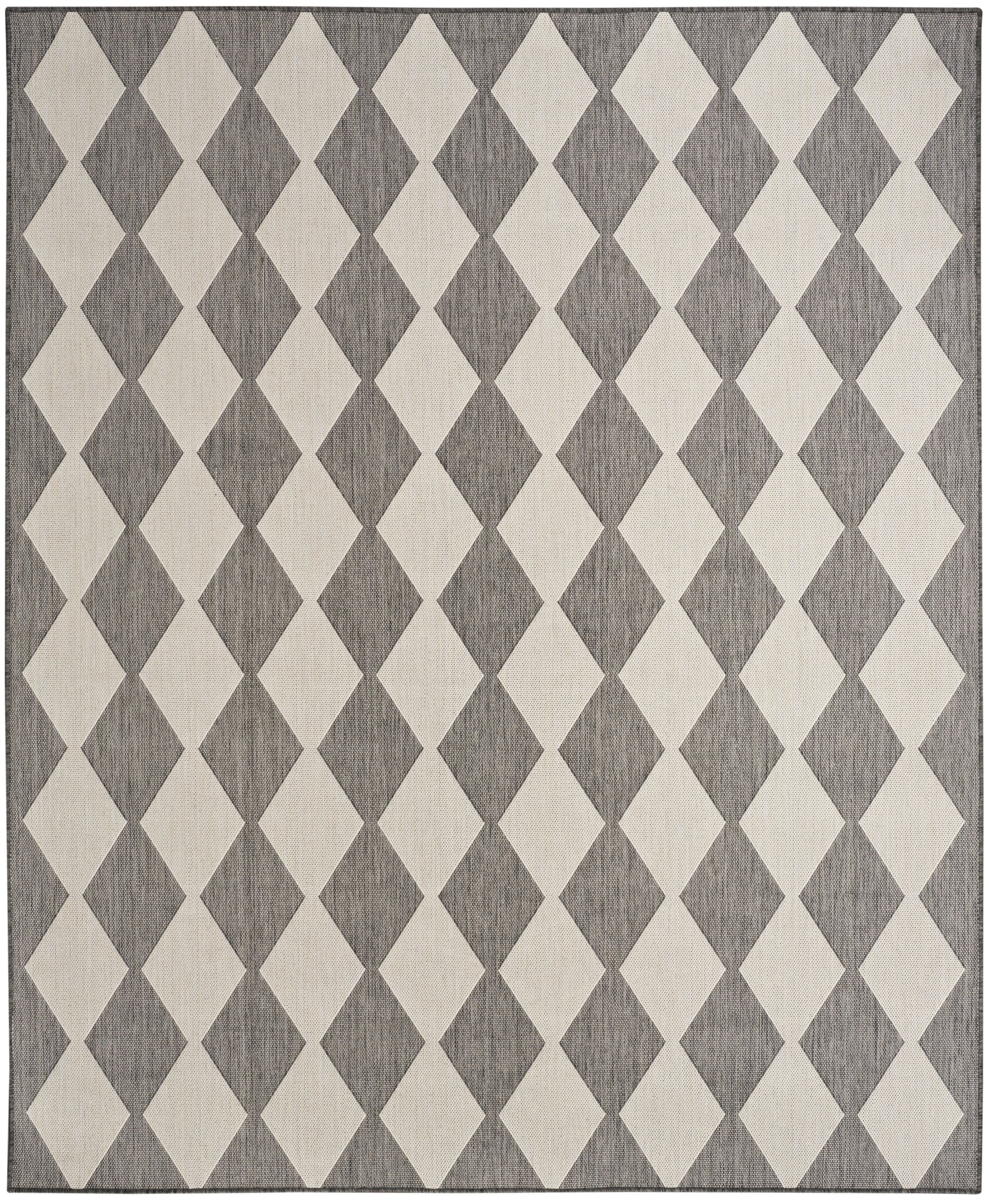 Rectangular rug with a repeating ivory and charcoal diamond motif on a gray field.