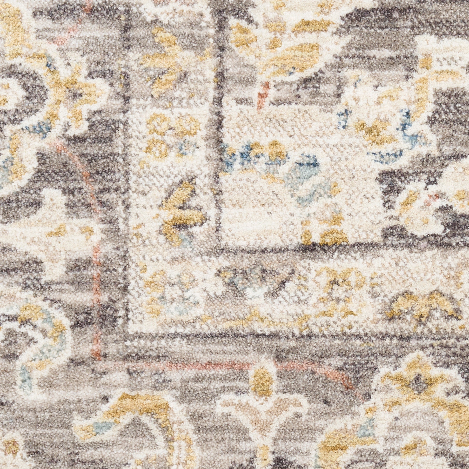 Gray and beige patterned rug with gold and light blue floral motifs and ornate border; traditional vintage style.