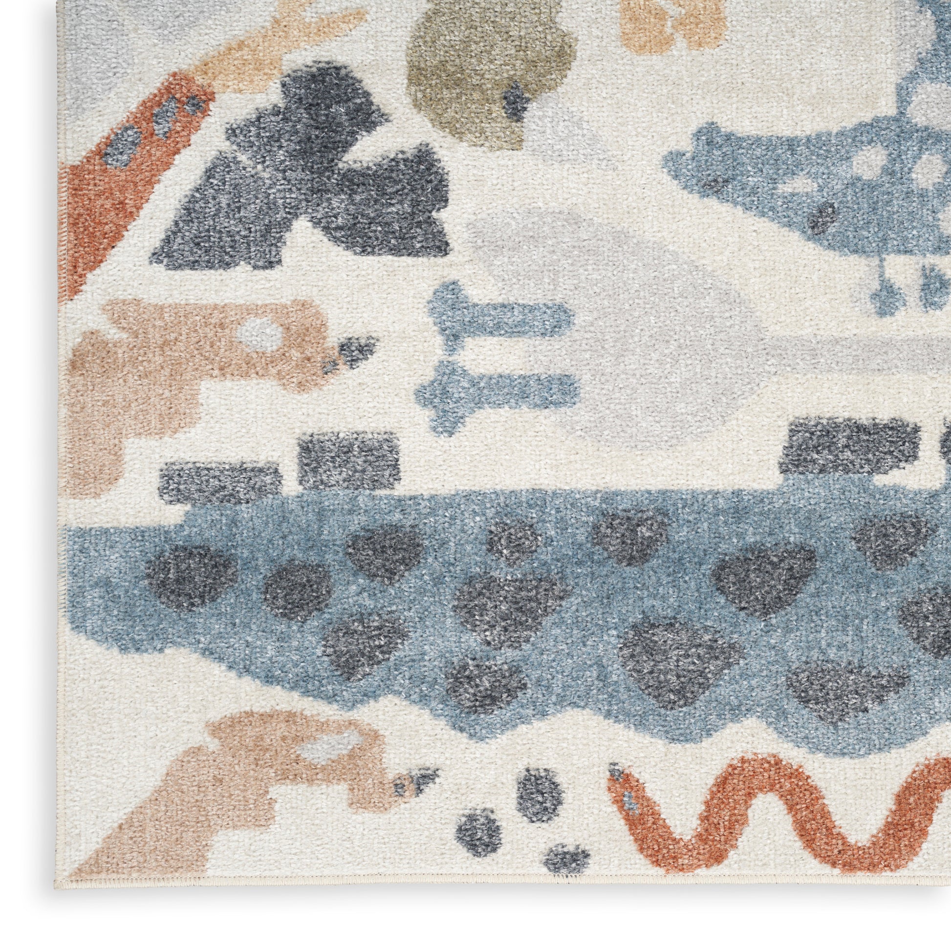 Tufted loop-pile runner rug with pastel abstract shapes in beige, blue, orange and gray.