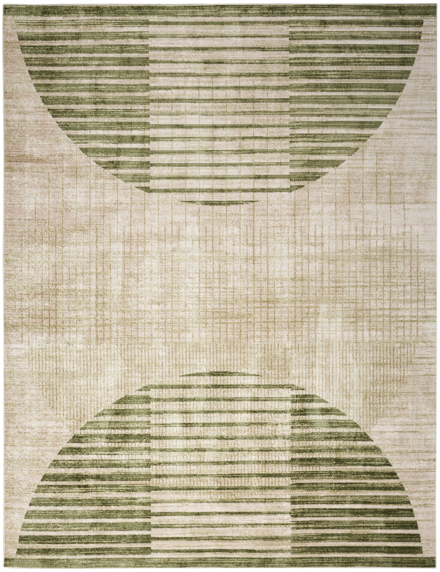 Beige woven rug with olive-green striped semicircles, mid-century abstract pattern.