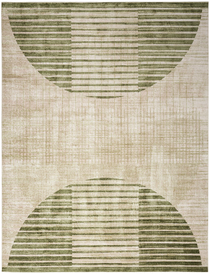 Beige woven rug with olive-green striped semicircles, mid-century abstract pattern.
