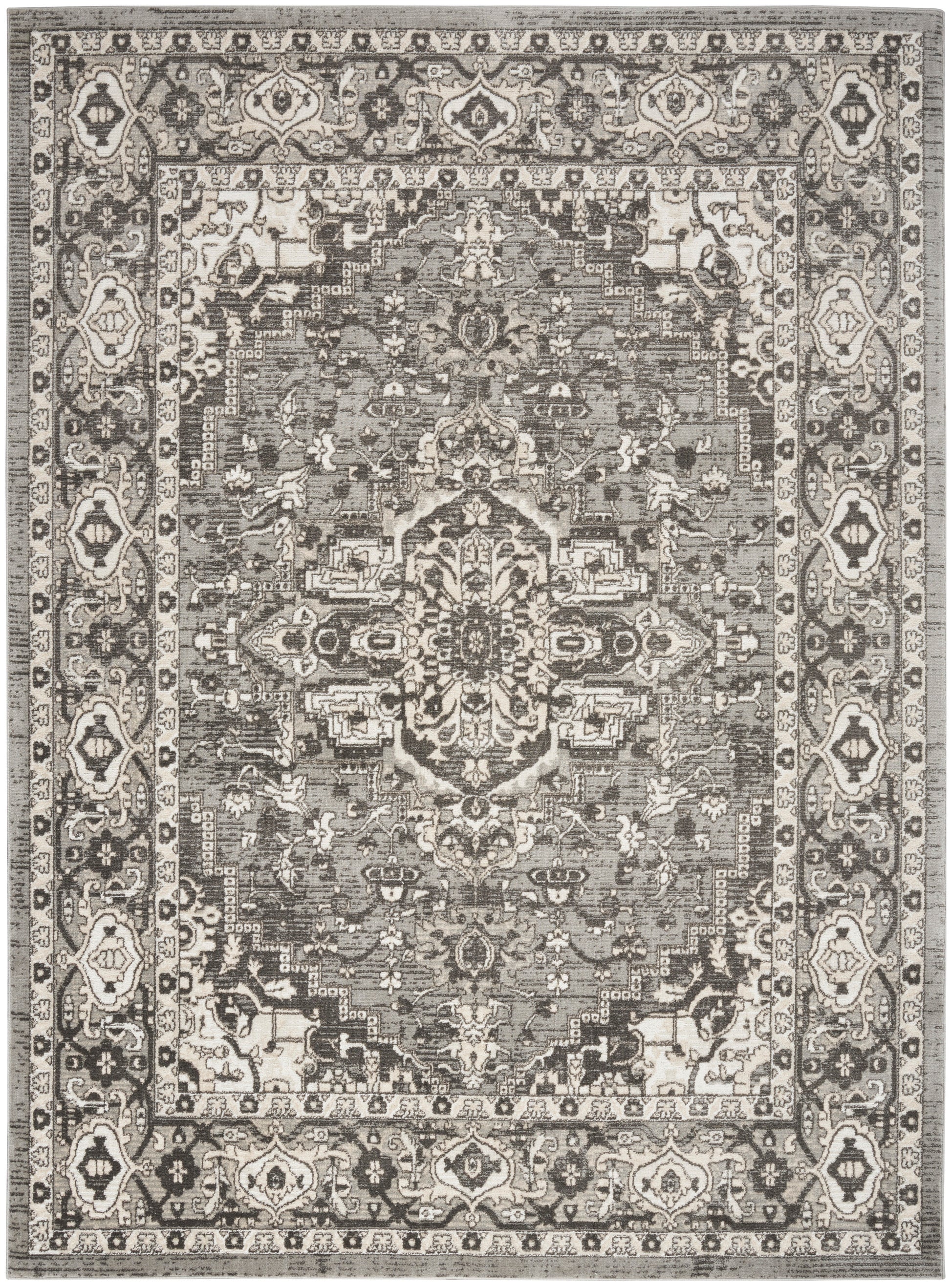 Gray and beige Persian-style rug with a detailed central medallion and ornate border.