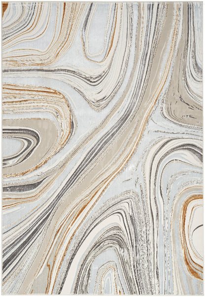 Abstract marbled-pattern rug in cream, beige, gray and tan; swirling lines for a chic, modern living room decor piece.