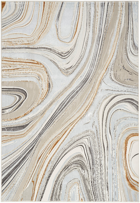 Abstract marbled-pattern rug in cream, beige, gray and tan; swirling lines for a chic, modern living room decor piece.