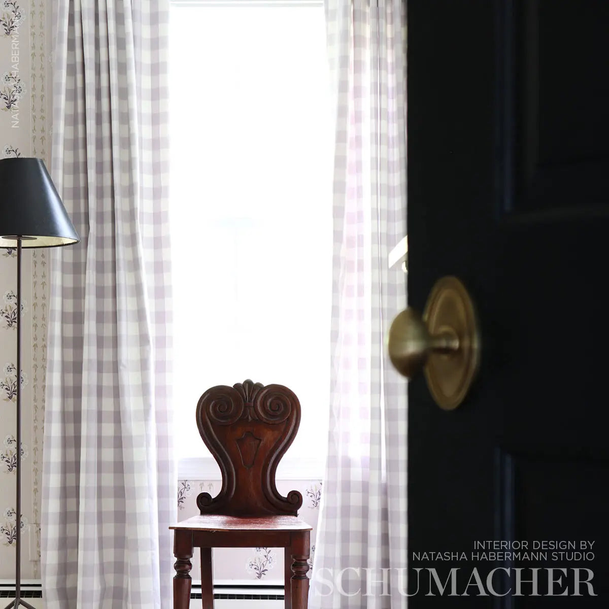 Schumacher Camden Cotton Check Lilac fabric featuring a classic woven buffalo check pattern in soft purple and white. This 100% cotton designer fabric is perfect for curtains, café curtains, decorative pillows, table linens, slipcovers, light upholstery, and cottage, farmhouse, or traditional home décor.