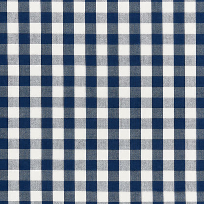 Blue & white gingham check fabric with woven texture, versatile for shirts or tablecloths.
