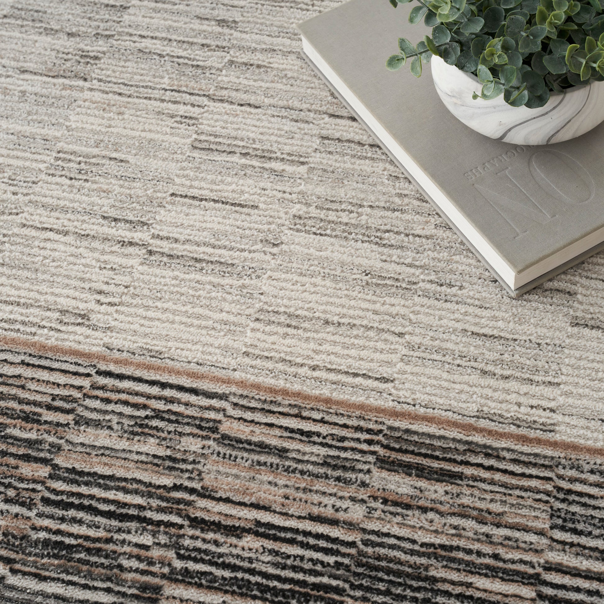 Beige textured striped area rug with tan and brown bands, shown with a gray book and potted green plant.