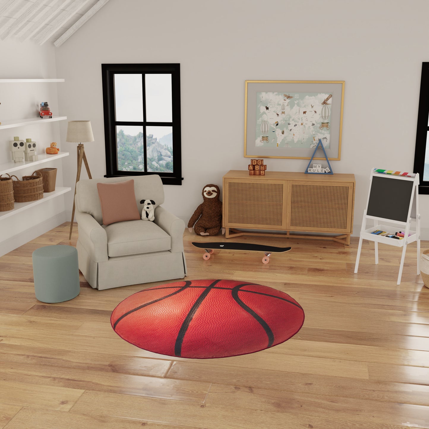 Cozy kids' playroom with round basketball rug, beige armchair, panda plush, wicker baskets, wooden cabinet, wall map art.