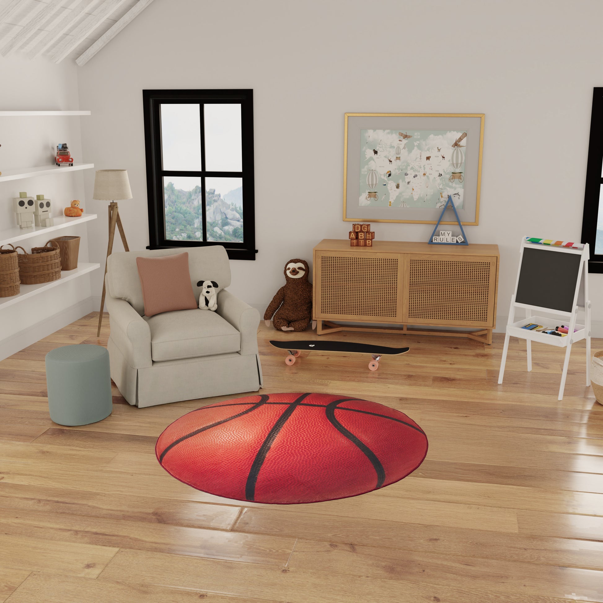 Cozy kids' playroom with round basketball rug, beige armchair, panda plush, wicker baskets, wooden cabinet, wall map art.