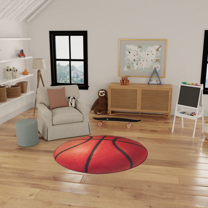 Cozy kids' playroom with round basketball rug, beige armchair, panda plush, wicker baskets, wooden cabinet, wall map art.