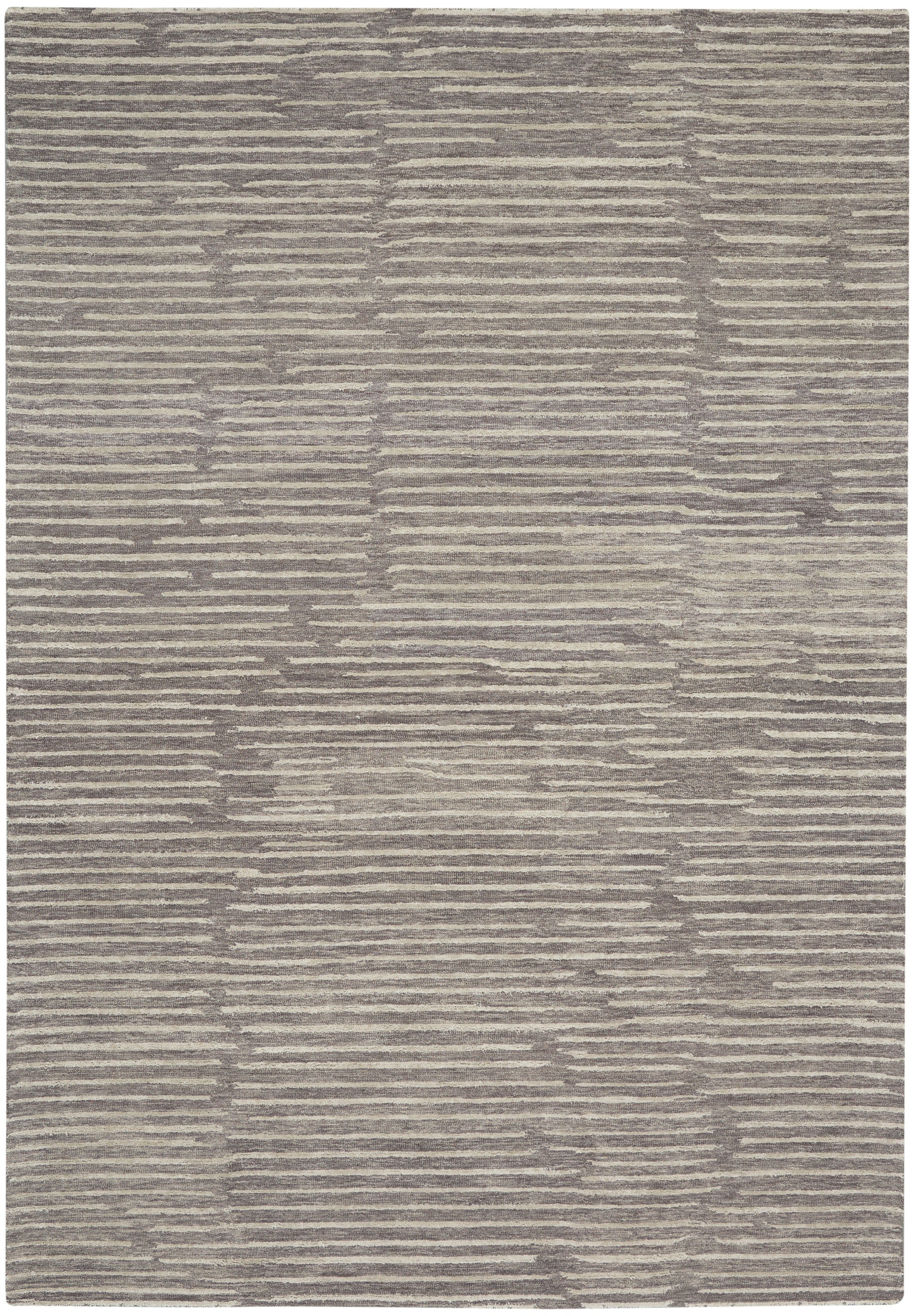 Rectangular rug featuring taupe and beige irregular horizontal stripes in a modern textured flatweave.