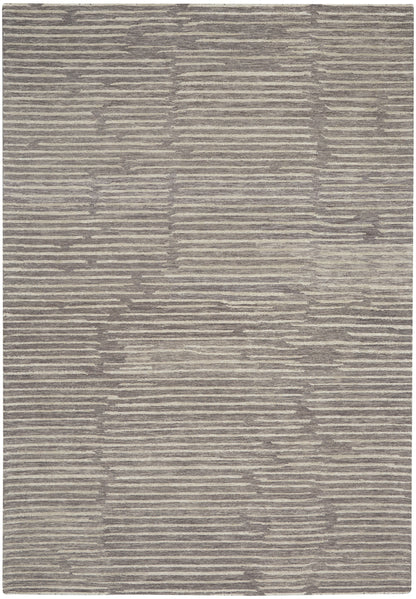 Rectangular rug featuring taupe and beige irregular horizontal stripes in a modern textured flatweave.