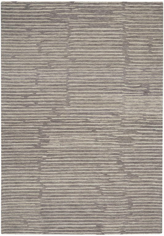 Rectangular rug featuring taupe and beige irregular horizontal stripes in a modern textured flatweave.