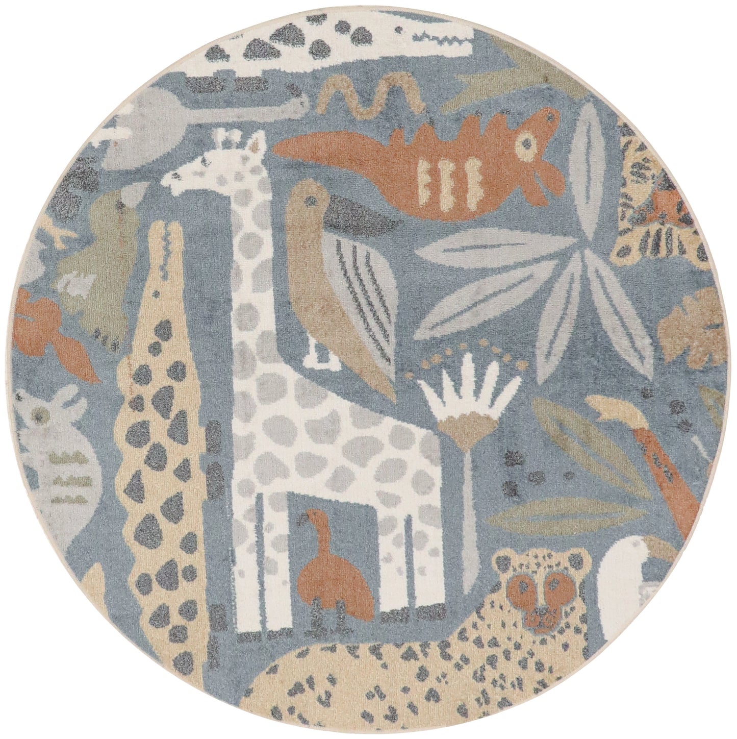 Round kids' rug with safari print in blue-gray, beige and white; features a giraffe and leafy jungle motifs.