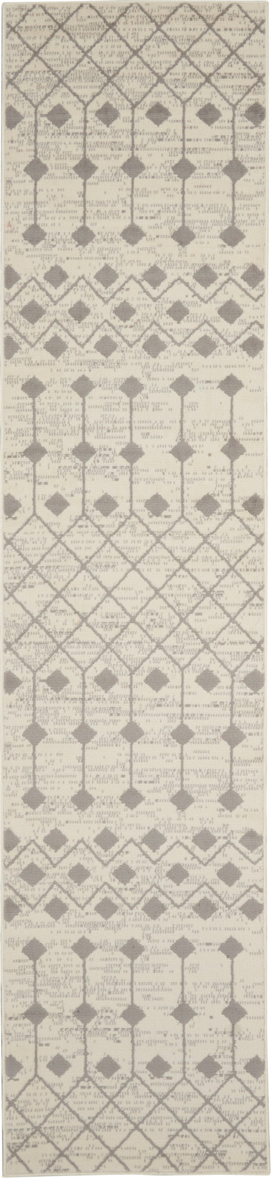 Cream and taupe geometric runner rug with lattice, diamond and arch motifs in a repeating pattern.
