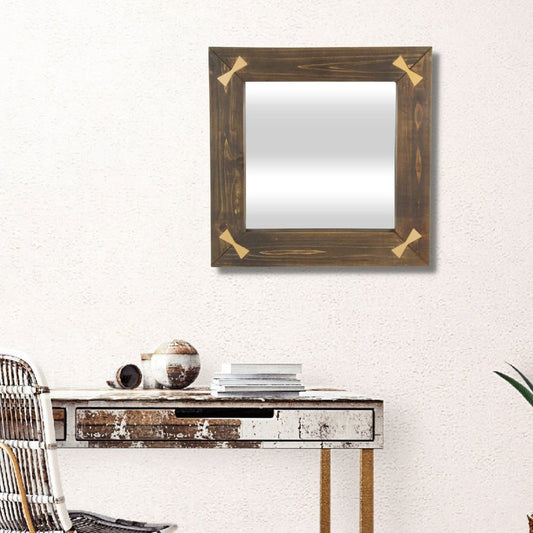 22" Brown Wood With Gold Bows Square Accent Mirror