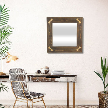 22" Brown Wood With Gold Bows Square Accent Mirror