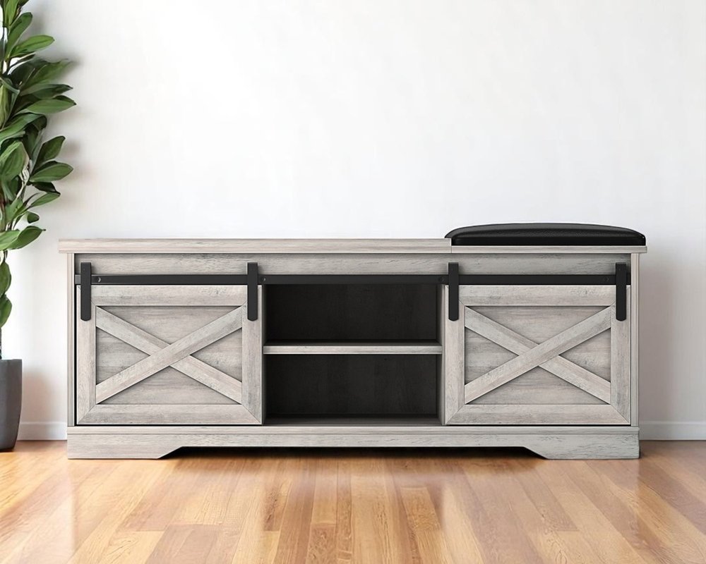 47" Gray And Black Wood And Faux Leather Storage Bench with Shelves